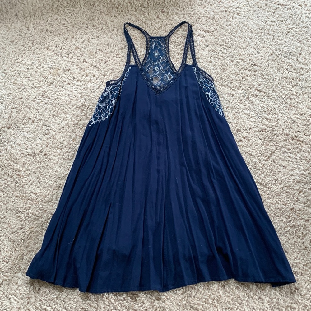Flowing Navy Blue Dress with Lace Accents